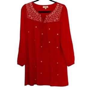 Umgee Red with White embroidery Boho tunic/dress, cotton/polyester, size M